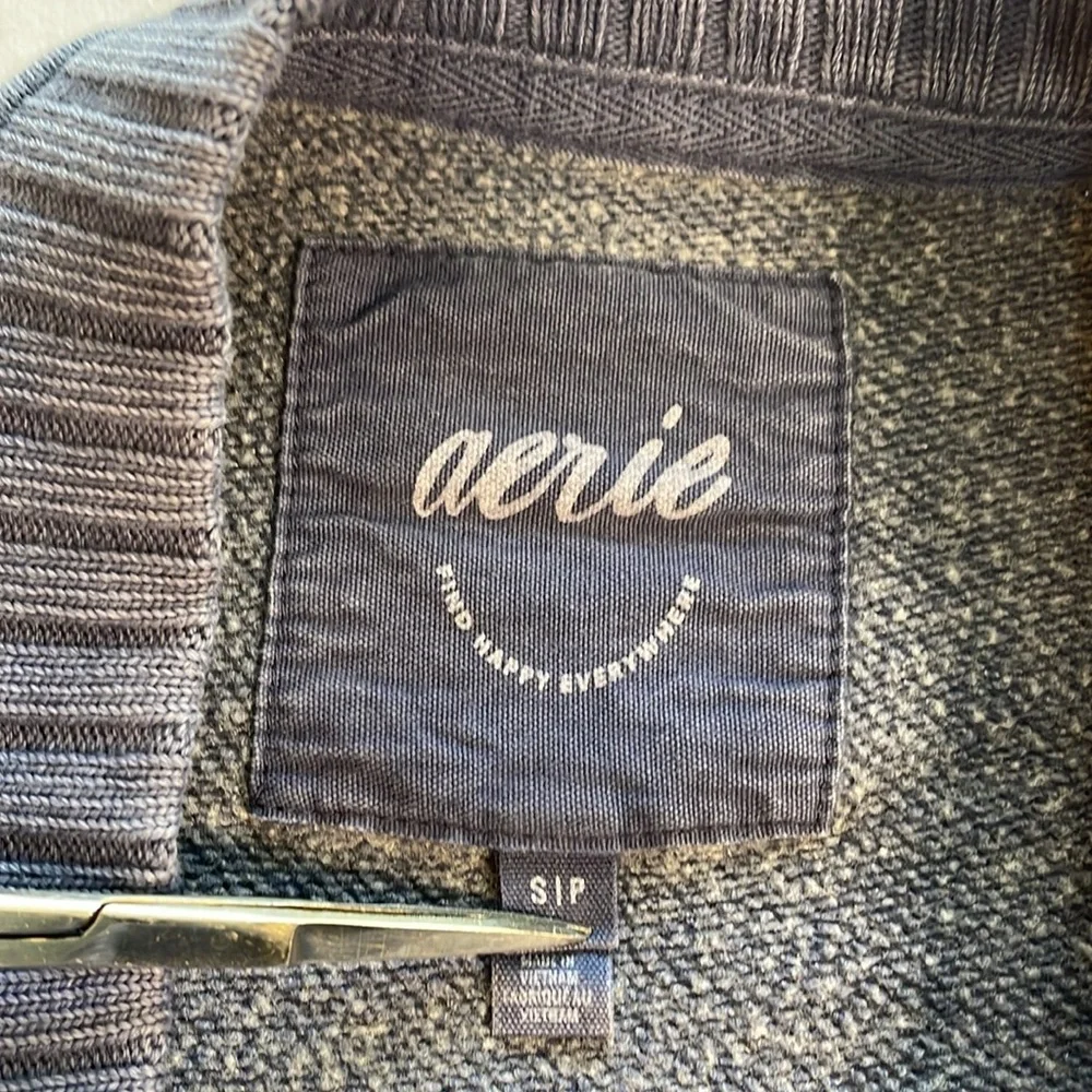 AERIE Down-To-Earth Crewneck Sweatshirt Checked Out Faded Blue Ribbed Oversize S - Picture 10 of 15